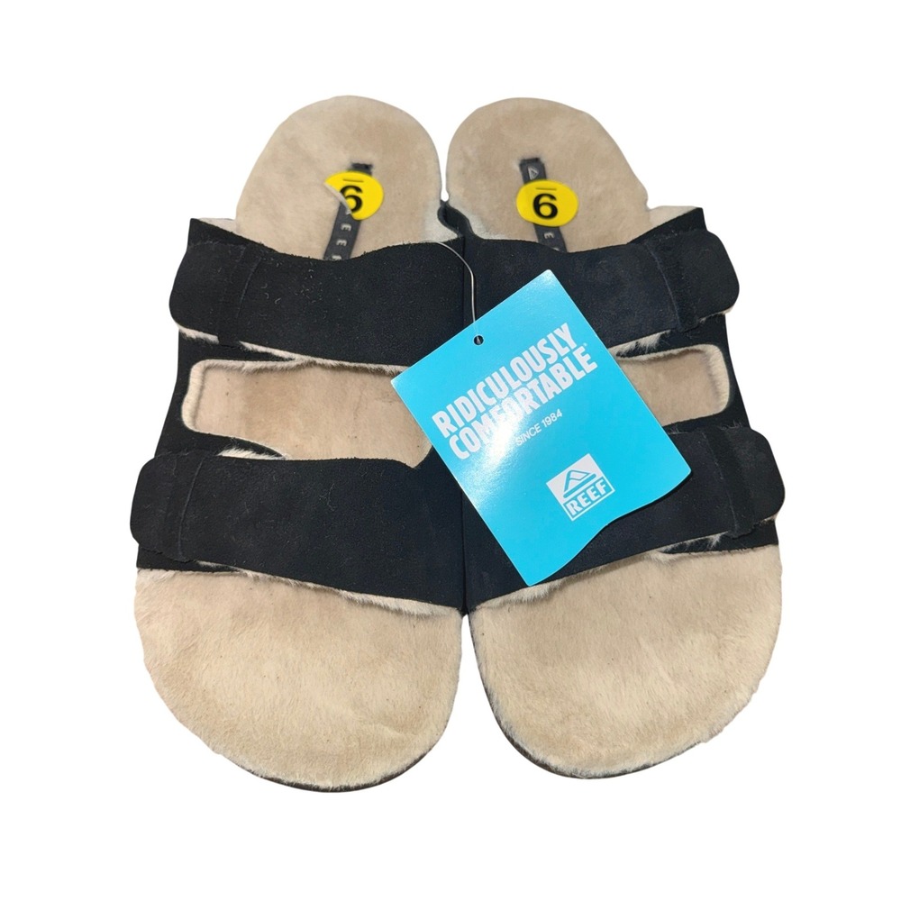 NEW Reef Ojai Two Bar Cozy Womens 9 Slide Sandals Raven Black/Cream Suede CJ6052